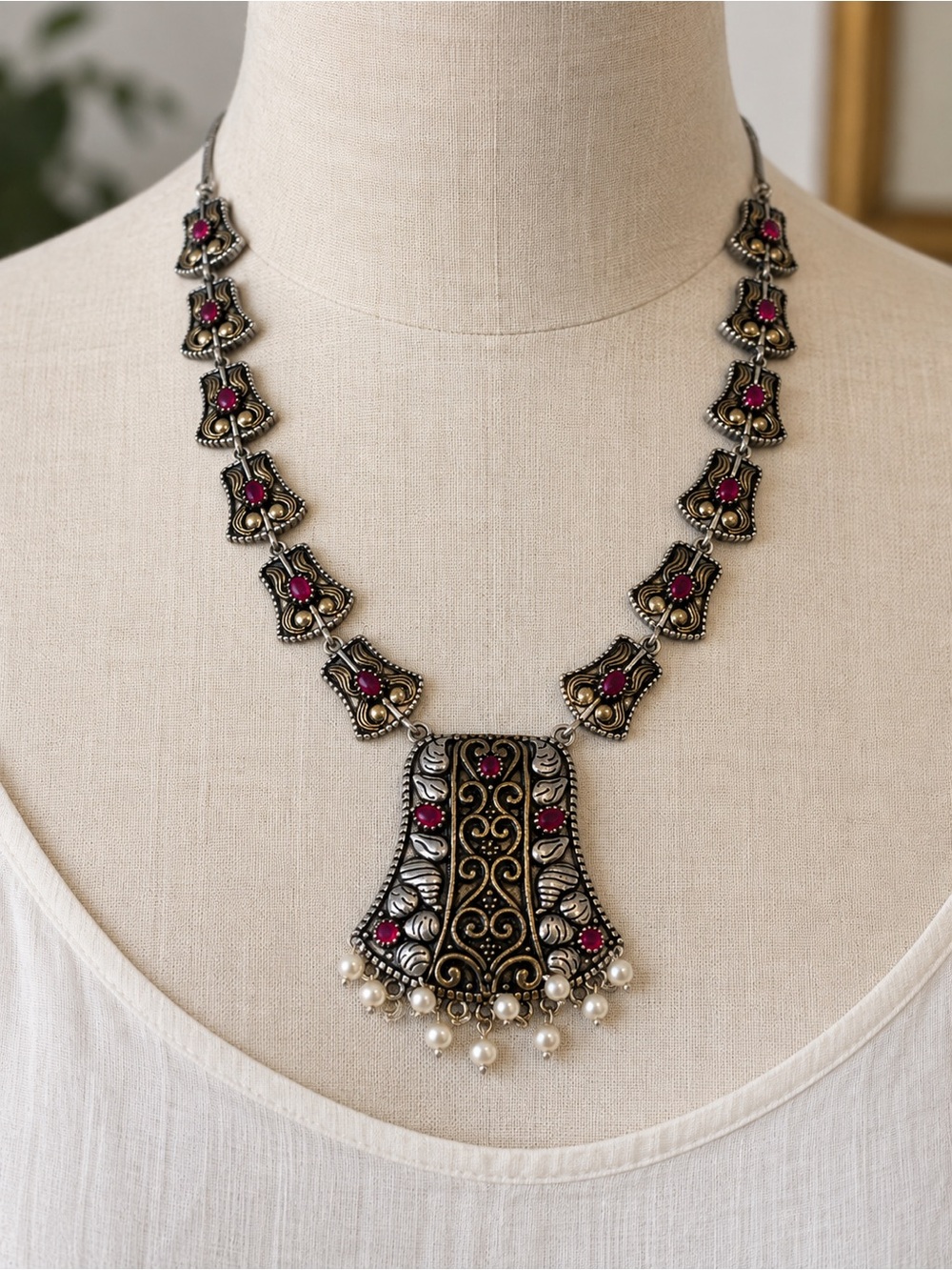 Vintage Style Indian Jhumka Necklace & Earrings Set Oxidized Silver Gold Tone Pi - Picture 2 of 10